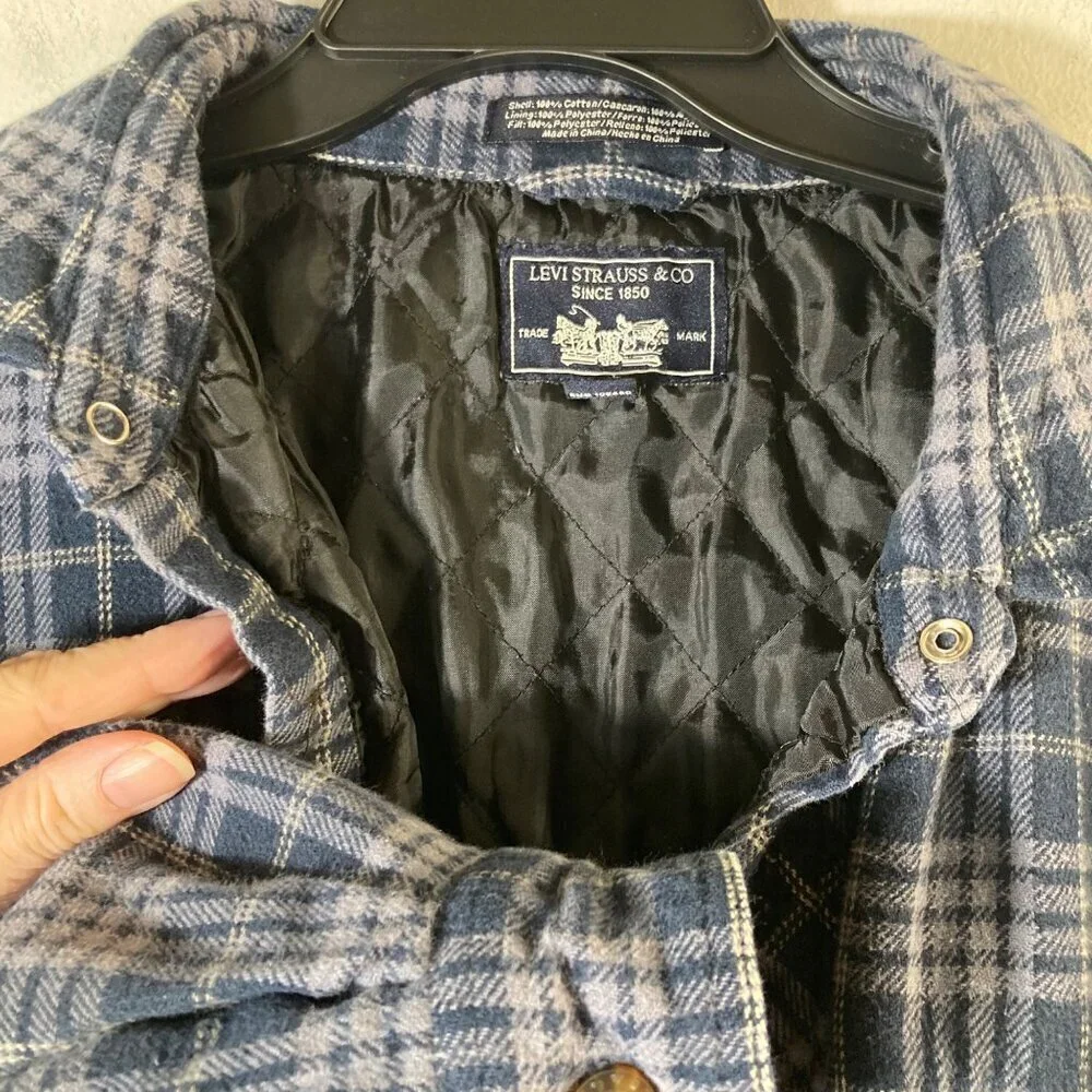Mens Levis Plaid‎ Insulated Shacket Blue Gray XL Cotton Polyester